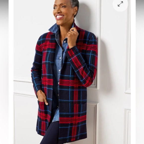 Talbots Pure Merino Wool Open Front Coatigan Cabin Plaid Sweater Blazer - Picture 1 of 11